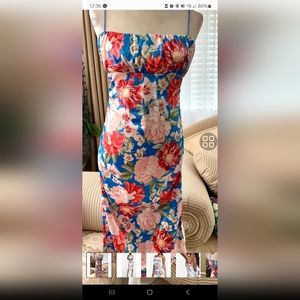 ASOS DESIGN Satin Cami Ruched Bust Lace Up Back Midi Dress in Bright Blue Floral